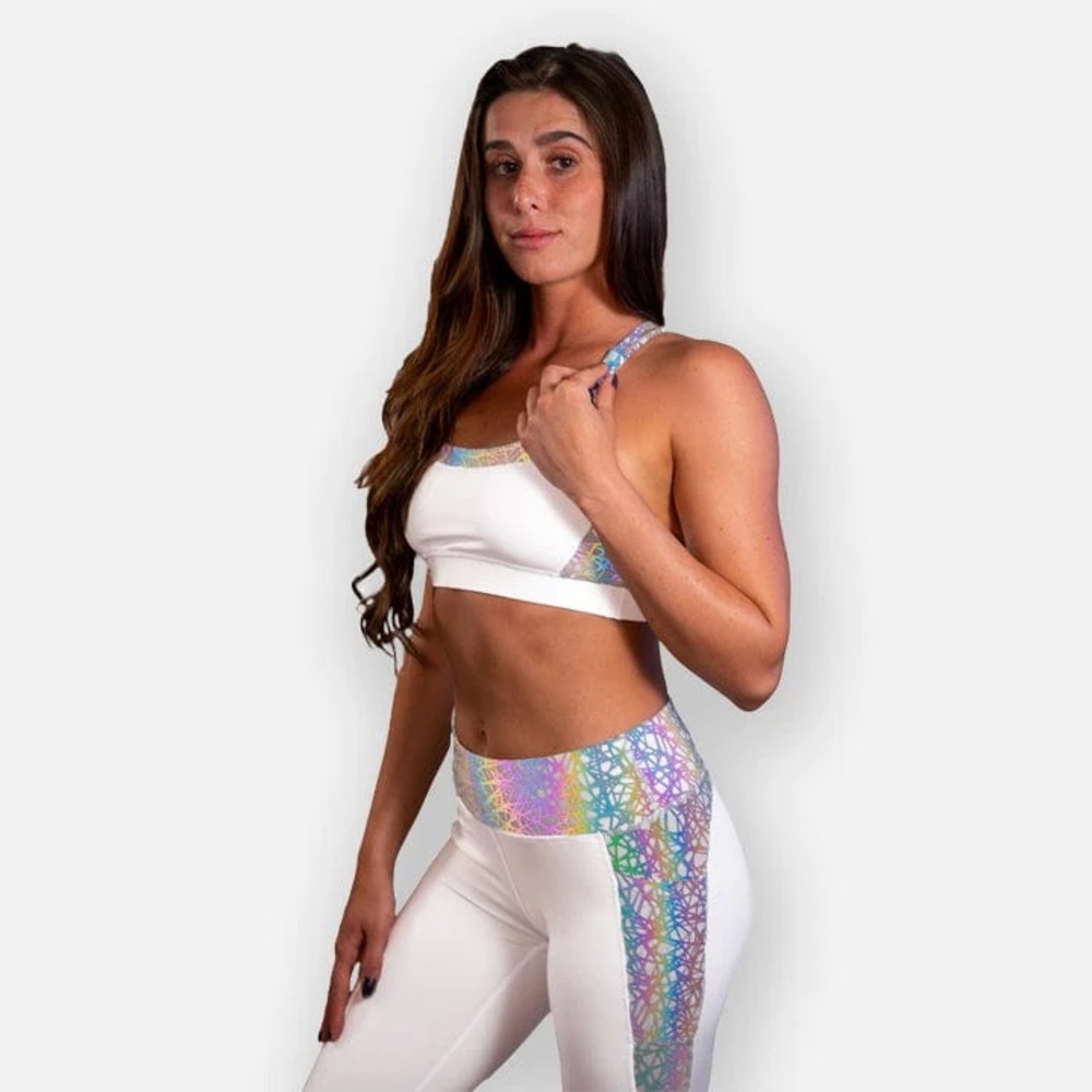 HOLOGEAR™ HOLOGRAPHIC REFLECTIVE SPORTS BRA AND LEGGINGS 2 PIECE SET~ WHITE